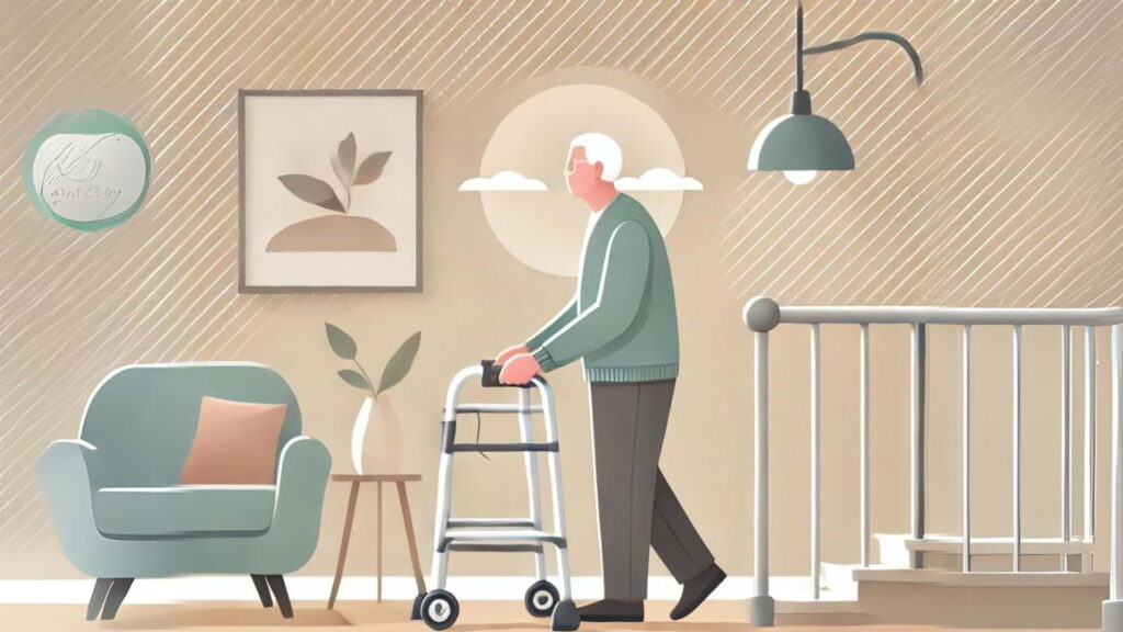 ilustração de prevenção de quedas com imagem de idoso caminhando em casa