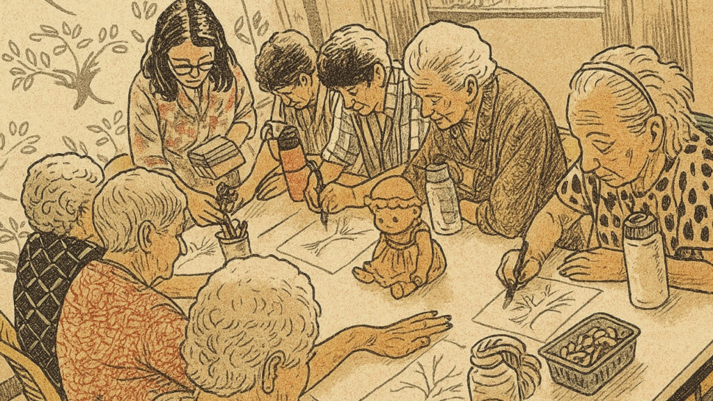 Ilustração em estilo quadrinhos mostra um grupo de idosos desenhando em uma mesa, representando a criatividade na terceira idade em atividade coletiva.